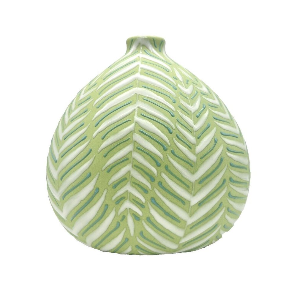 Crate and Barrel Leaf Vase Green and White with Enamel Fern Leaves Botanical - Picture 3 of 8